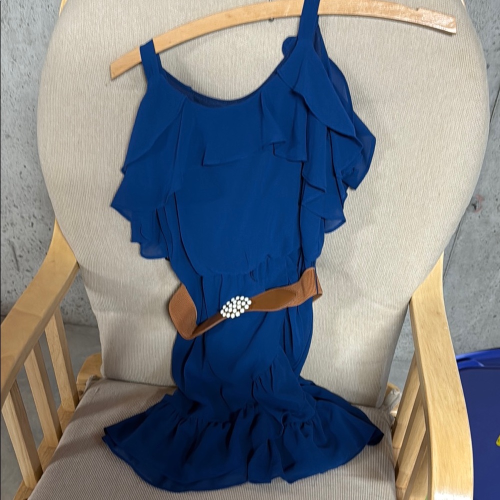 Iz Byer Blue Ruffle Dress with Brown Belt